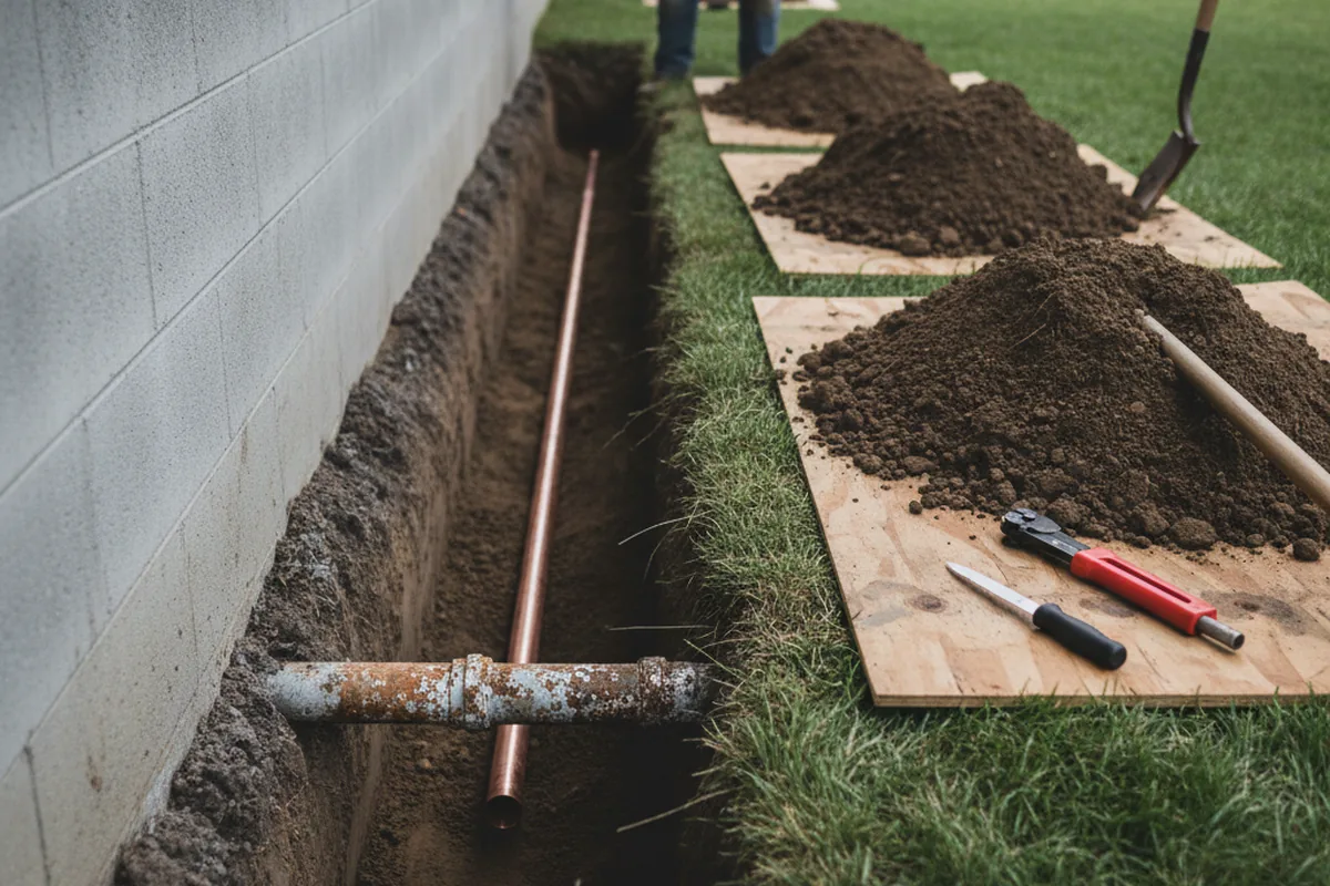 Excavated water line trench during Water Heater Repair in Clifford